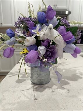 Artificial Purple and White Floral Arrangement with Decorative Bird
